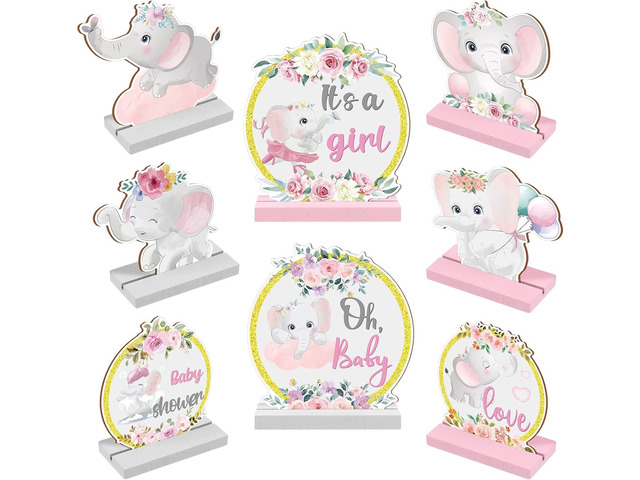 Chunful 8 Pieces Elephant Centerpieces for Baby Shower, Pink Elephant Birthday Decorations for Girls, Cute Wooden Sign for Baby Shower Birthday,...