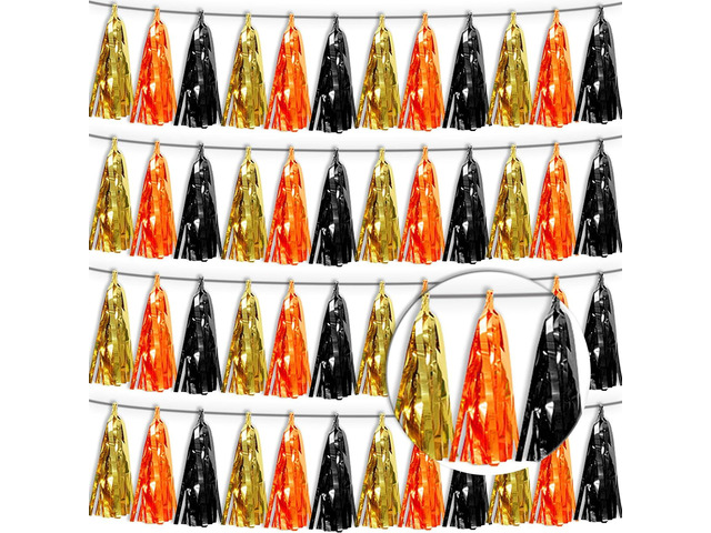 4P Orange Gold Black Tassel Banner Garland Metallic Foil Fringe Banner Tinsel Tassels Streamer Banner Backdrop for Parade Floats, Graduation...