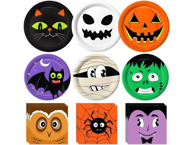 LINHAXM 105PCS Halloween Paper Plates Ghosts Pumpkin Skull Spider Web Design for Halloween Party Decorations Supplies, Serves 30