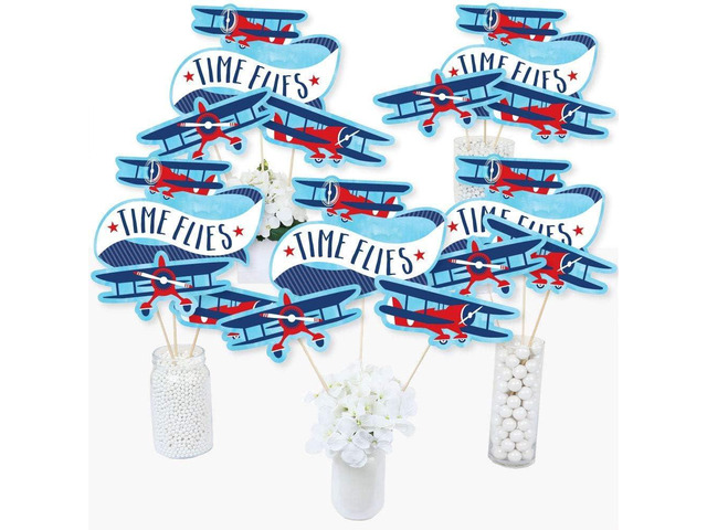 Big Dot of Happiness Taking Flight - Airplane - Vintage Plane Baby Shower, Birthday Party Centerpiece Sticks - Table Toppers - Set of 15