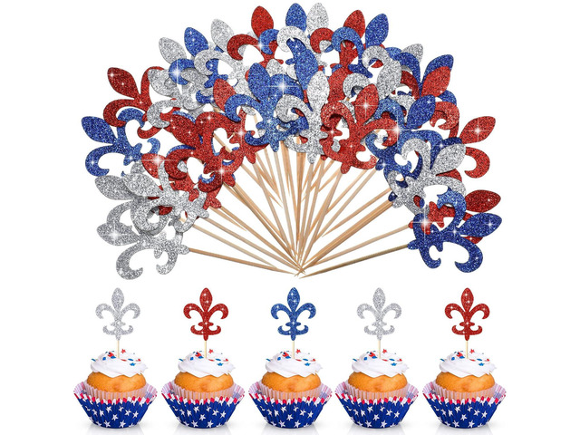 Pasimy 48 Pcs Fleur De Lis Cupcake Toppers Glitter Red White and Blue Food Picks Paper Cakes Toppers for Independence Day Birthday Patriotic Mardi...