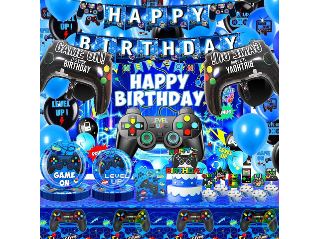 Video Game Birthday Decorations,Game Party Decorations,Backdrop,Plates,Napkins,Latex and Foil Balloons Tablecloth,Party Supplies for Boys Adults.