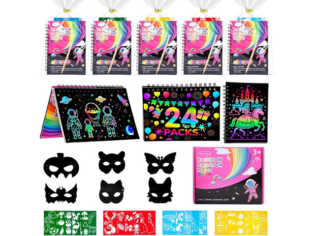 Scratch Art for Kids Notebook 4-8-12: 24 Pack Party Favors for Kid, Goodie Bags Stuffers for Kids & 6 Sets Rainbow Scratch Masks Classroom Students...