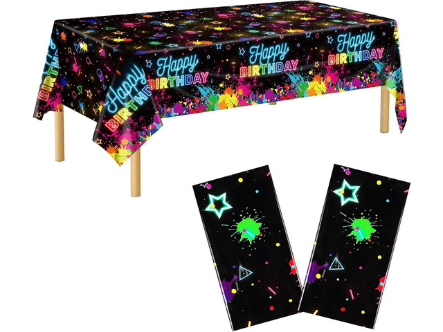 Kochorie 2 Pack Glow in the Dark Birthday Tablecloth 54 x 108 Inch Neon Disposable Plastic Table Cover Graffiti Paint Glow Table Cloths for Black...