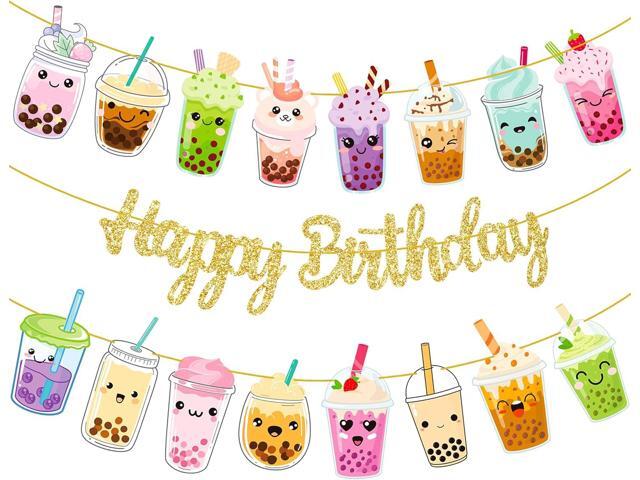 3pcs Bubble Tea Birthday Party Banners Boba Tea Birthday Decorations Gold Glitter Happy Birthday Banner Bubble Mill Tea Cutout Garlands for Baby...