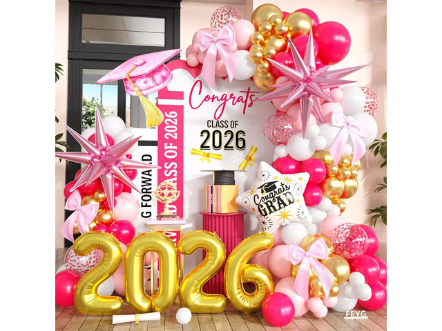 Graduation Balloon Arch Garland Kit, 2026 Graduation Party Decoration, Hot Pink Gold Grad Balloons with 2026 Number Star Foil Balloon & Confetti...