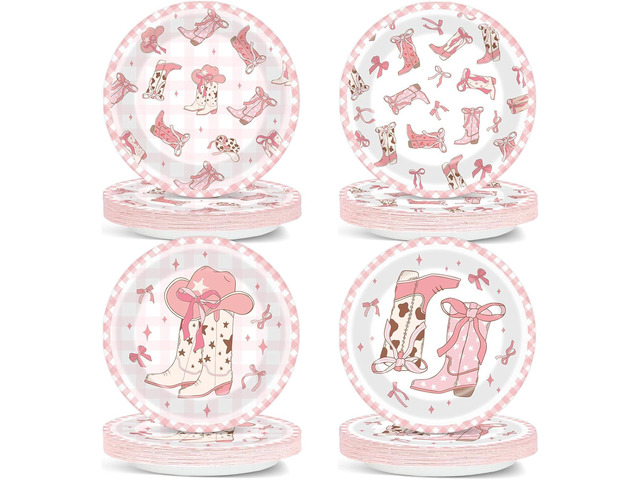 Wiooffen 48 PCS Bow Cowgirl Paper Plates Cowgirl Pink Bow Party Dessert Dinner Plates Western Party Tableware for Girl Bachelorette Birthday...