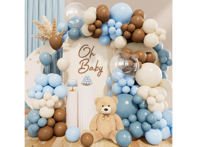 158pcs Dusty Blue and Brown Balloon Arch Kit Bear Baby Shower Decorations with Brown White Sand Light Blue Dusty Blue Balloons for Baby Shower...