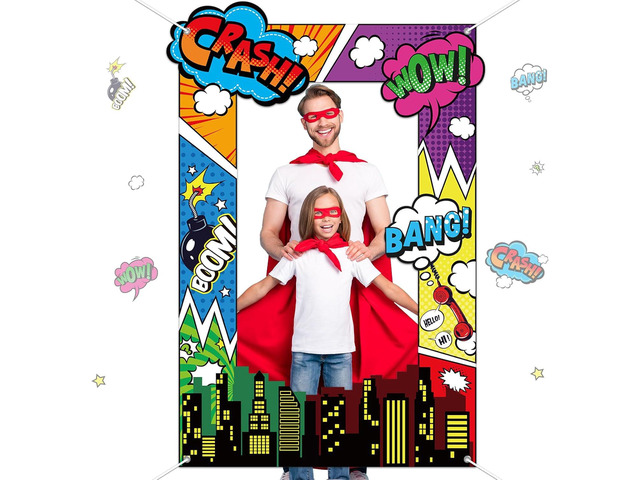Fabric Comic Hero Photo Prop Hero Birthday Party Decor Hero Comic Book Photo Booth Frame Hero Them Party Banner Backdrop Colorful Comic Hero...