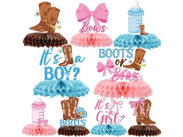 Boots Bows Gender Reveal Decorations - Inisajace 9PCS Boots Bows Honeycomb Centerpieces Decoration Western Cowboy or Cowgirl Decor Supplies for...