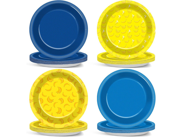 48Pcs Yellow Cartoon Birthday Party Decorations Paper Plates Yellow and Blue Dinner Dessert 7Inch Disposable Cartoon Theme Dinnerware Tableware Set...