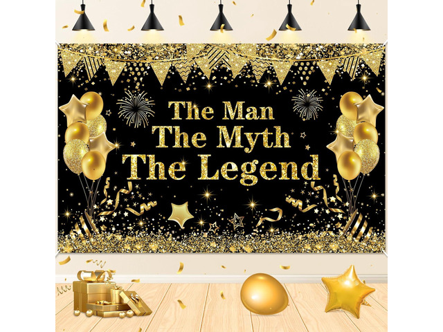 The Man The Myth The Legend Decorations Backdrop Banner, Black Gold Glitter Birthday Party Decorations Banner for Men Dad Father's Day Backdrop for...