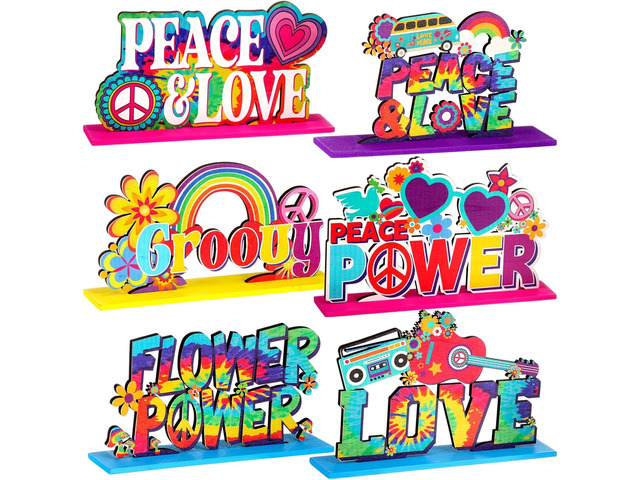 Geetery 6 Pcs 60's Hippie Party Supplies - Groovy Wooden Centerpieces for Table Toppers - Birthday Shower Decorations