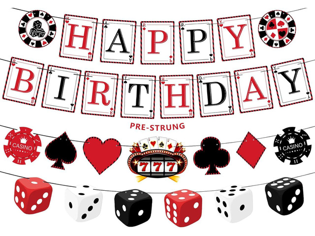 Pre-Strung Casino Party Decorations NO DIY Poker Happy Birthday Banner Casino Theme Banners Las Vegas Poker Night Party Supplies
