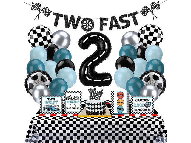 Two Fast Birthday Decor, Race Car Party Supplies Baby Boy 2nd Birthday Decorations Racing Car Party Signs Cake Toppers Foil Balloons Banner...