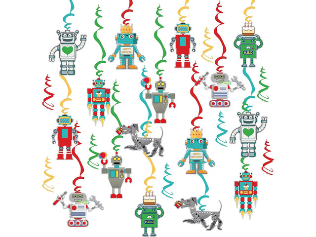 16pc Fun Robot Themed Hanging Swirls Birthday Party Decorations Happy Birthday Gear Up Robots Ceiling Swirls Robot Party Streamers for Tech-Loving...