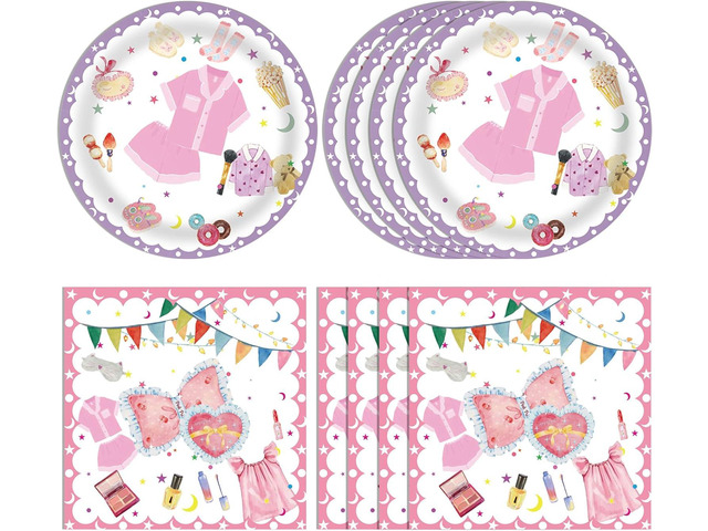 40Pcs Pink Pajama Party Decorations for Girls - 7 Inch Pajama Paper Plates and Napkins Set for Girls Slumber Party Supplies Serve 20