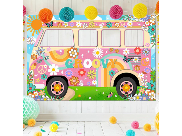 Hippie Party Decorations Groovy Bus Banner 60s Daisy Backdrop Face Cutout 60s Photo Props Daisy Photo Background Party Supplies