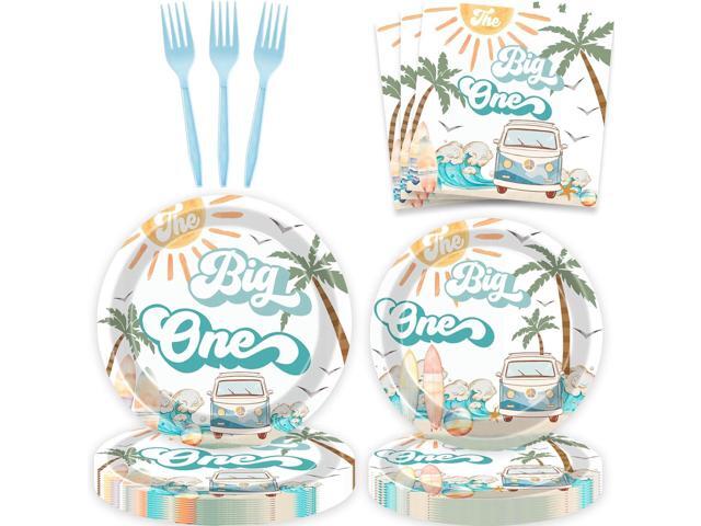 80 Pcs Summer Beach The Big One Tableware Boy Surfing 1st Birthday Paper Dinner Plates Napkins Forks Dinnerware for Surf Board Sun Retro Van Wave...