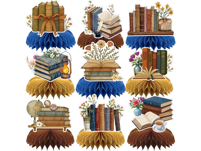 Book Themed Party Decorations - 9PCS Vintage Book Club Honeycomb Centerpieces Birthday Table Decoration Reading Library Bookworm Decor Supplies for...