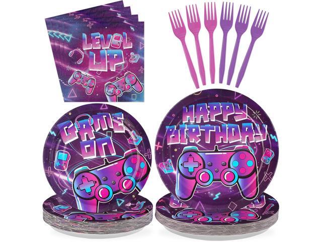 96 Pcs Video Game Birthday Party Decorations Disposable Gamer Girl Paper Plates and Napkins Purple Game Tableware Set for Level Up Girl Birthday...