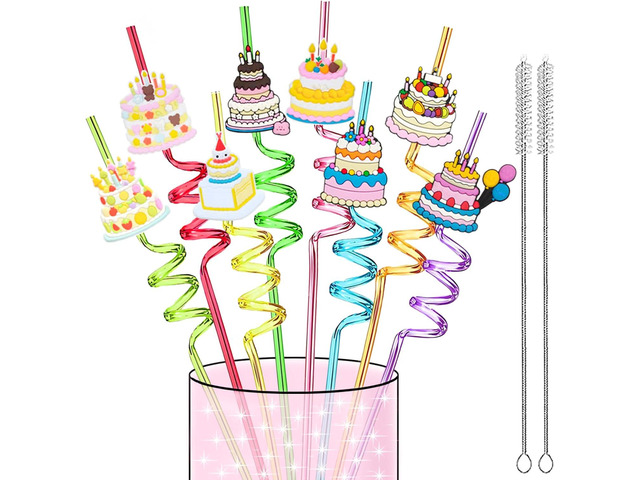 LEDUO 24Pcs Reusable Birthday Drinking Straws-Birthday Party Decorations Supplies Gift Favors -Swirly Straws for Kids-Glitter Cake Straw Drink...