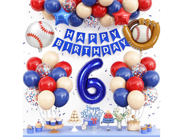6th Baseball Birthday Decorations for Boys,Navy Blue Red Nude Balloons Party Decorations Banner 40-Inch Number 6 Foil Balloons Baseball Glove Cake...
