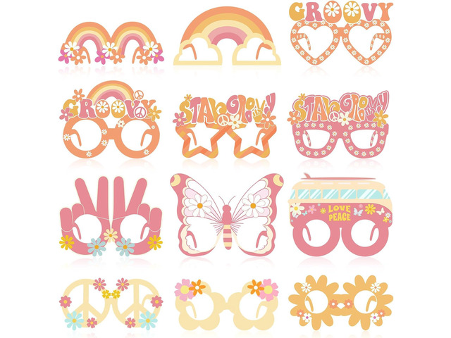 Qilery 36 Pieces 70s Groovy Party Decorations Favors Hippie Groovy Paper Glasses 60s Hippie Glasses Favors Retro Flower Power Peace Love Eyeglasses...