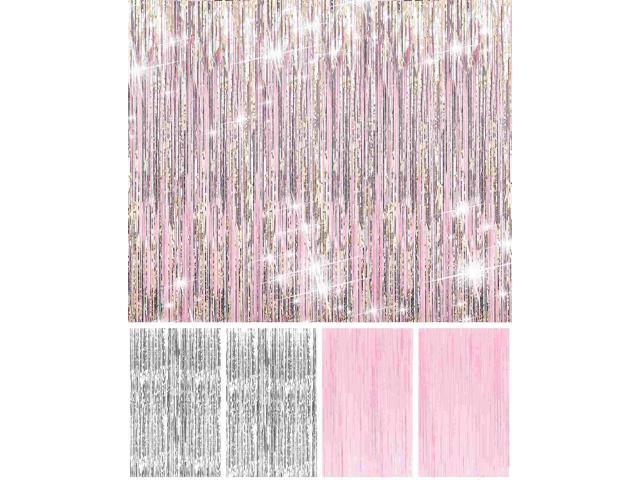 Pastel Pink and Silver Foil Fringe Curtains - 4 Pack Party Backdrop Decorations for Birthday, Bachelorette, Valentine's Day Celebrations