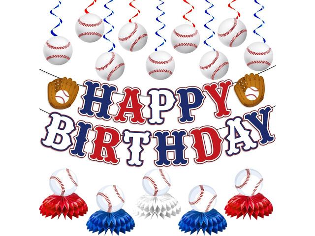 Baseball Birthday Party Decorations, Baseball Themed Party Decorations Include Happy Birthday Banner Baseball Hanging Swirls and Honeycomb...