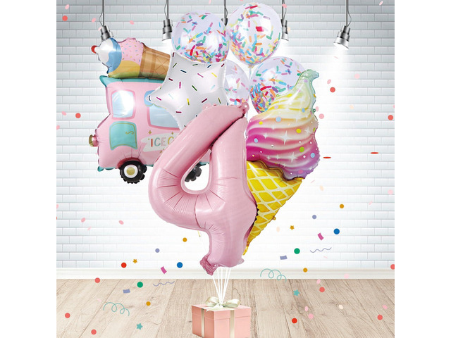 Ice Cream Birthday Decorations, 8 Pcs Ice Cream Balloons 4th Birthday Decorations for Girls, 40 Inch Number 4 Foil Mylar Balloon, Confetti Balloons...