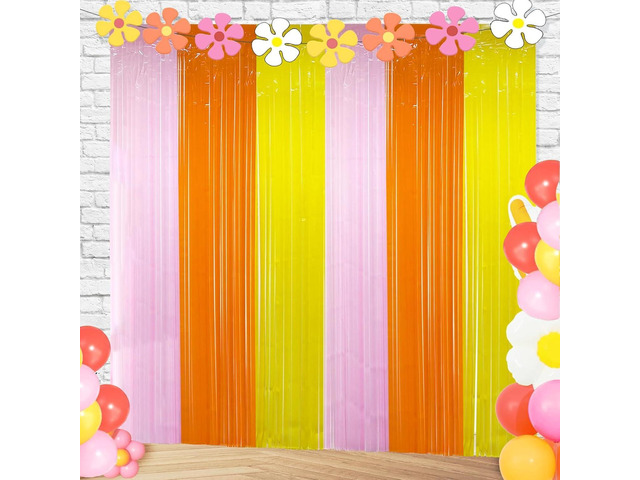 Groovy Foil Fringe Curtains Backdrop Birthday Party Decorations, 2 Pack 3.28 x 6.56 Ft Orange Yellow Pink Tinsel Streamer Photo Booth Props for...