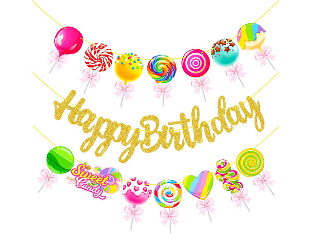 Candyland Happy Birthday Party Banners 3Pcs Candy Party Cutout Banners Lollipop Party Decorations for Candyland Baby Shower Supplies