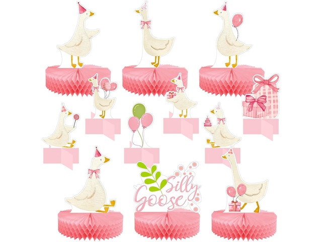 Lincia 12 Pcs Silly Goose Birthday Party Decorations Birthday Honeycomb Centerpieces Silly Goose Cake Balloon Topper for Bow Duck Party Supplies(Pink)