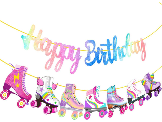 Roller Skating Birthday Party Banner Roller Skating Party Decorations Neon Rainbow Glitter Skate Happy Birthday Banner for Roller Skater Themed...