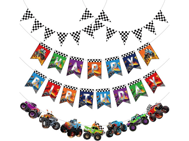 Pasimy 4 Pcs Truck Birthday Banner Cars Monster Truck Themed Garland Black and White Checkered Flags Pennants Green Purple Happy Birthday Bunting...