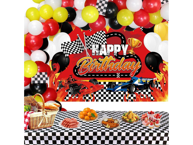 Race Car Birthday Party Decorations Supplies with Happy Birthday Racing Car Backdrop, Tablecover, and Checkered Flags Balloons for Kid Boys Let's...