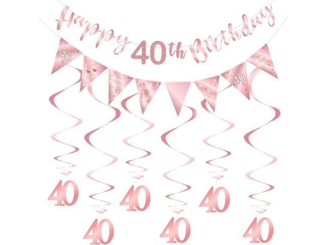 Rose Gold 40th Birthday Decoration for Girls, Happy 40th Birthday Banner Bunting Swirls, Triangle Flag Banner for 40 Birthday Party Decorations...