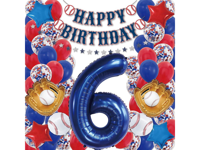 Baseball Birthday Decorations 81PCS Party Set with 40 Number 6 Jumbo Balloon, Baseball Banner, Gloves, Balls, Blue & Red Balloons, Confetti & 18...