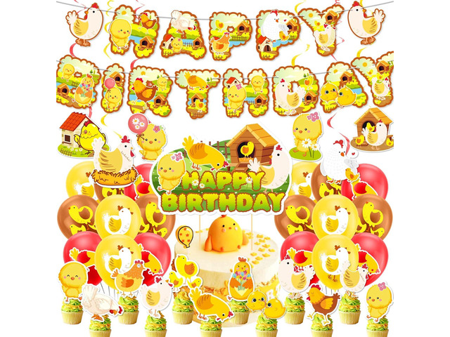 Chicken Party Decorations Chicken Farm Birthday Party Supplies Includes Chicken Birthday Banner Cake Topper Cupcake Toppers Balloons for Chick...