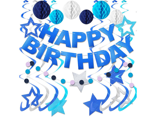 Blue Birthday Decorations with Happy Birthday Banner, Stars Hanging Swirl Streamers, Honeycomb Balls, Circle Dots Garland birthday Party...
