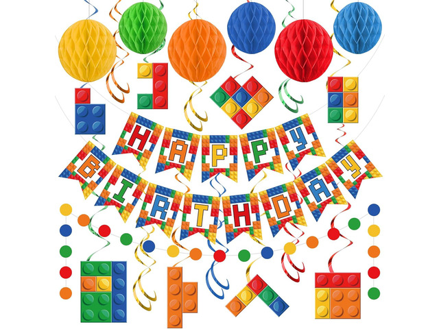 Building Block Birthday Party Decorations Brick Themed Happy Birthday Banner Colorful Block Hanging Swirls Honeycomb Balls Circle Dots Garland for...