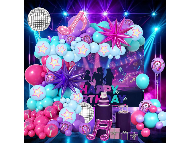 126 Piece Purple Blue And Pink Balloon Arch Kit, With Musical Symbols Print Balloons For Cartoon Magical Music Themed Birthday Party Decorations,...