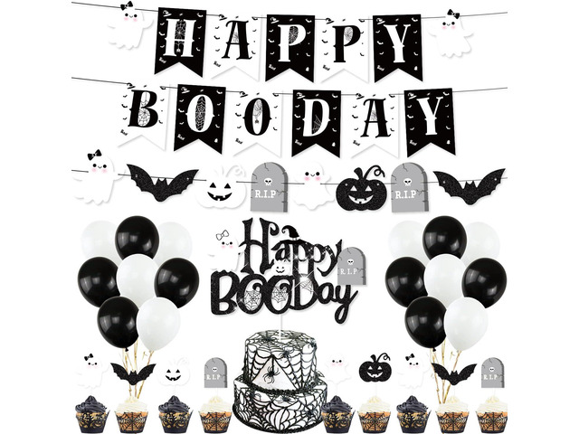 Halloween Birthday Party Decorations, White Black Halloween Happy Boo Day Banner Bat Ghost Cake Topper Balloons for Spooky Themed Birthday Party...