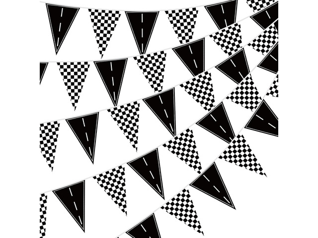Jetec 5 Pack 49 Ft Checkered Racing Flag Banner for Race Car Party Decorations, Black White Pennant Bunting, Road Track Birthday Supplies for...