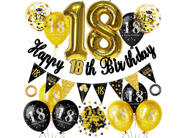 18th Birthday Party Decorations for Men Women Black and Gold, Black Gold Happy Birthday Banner Sign 18th Happy Birthday Balloons for 18th...