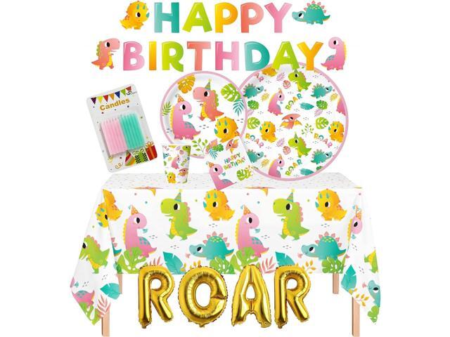 Oojami Pink Dinosaur Party Supplies for Girls - Complete Set for 30 Guests with Plates, Cups, Napkins, Table Covers, Balloons & Candles - Dino...