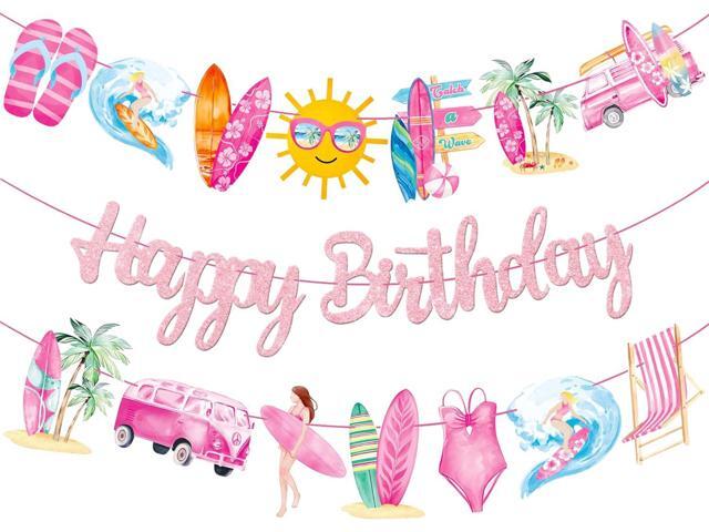 3Pcs Vintage Surfing Happy Birthday Banners Pink Glitter Summer Surfing Surfboard Birthday Party Decorations for Girls Summer Surf Baby Shower Luau...