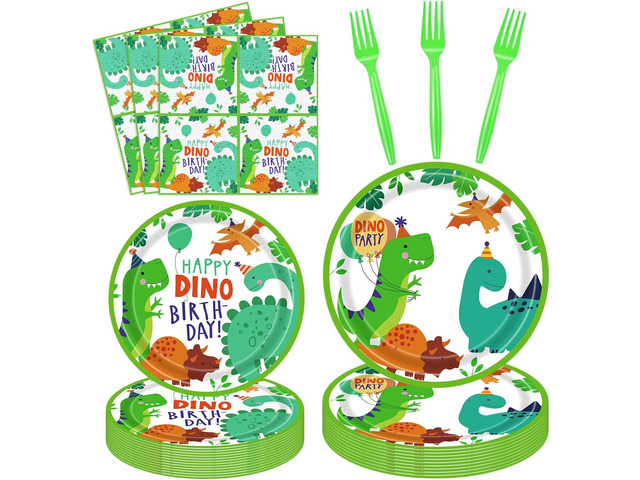 160 Pack Dinosaur Birthday Party Supplies Set Dinosaur Themed Tableware Set Dino Happy Birthday Plates, Plate, Napkins Dino T-Rex Party Decoration...