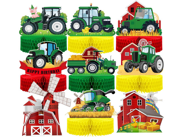 9 Pcs Tractor Honeycomb Table Centerpiece Farm Green Tractor Themed Birthday Party Supplies Tractor Lawn Party Decorations Animal Farmer Table...